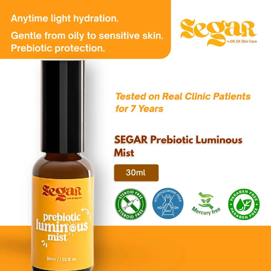 SEGAR Prebiotic Luminous Mist bottle with product details on an orange and white background