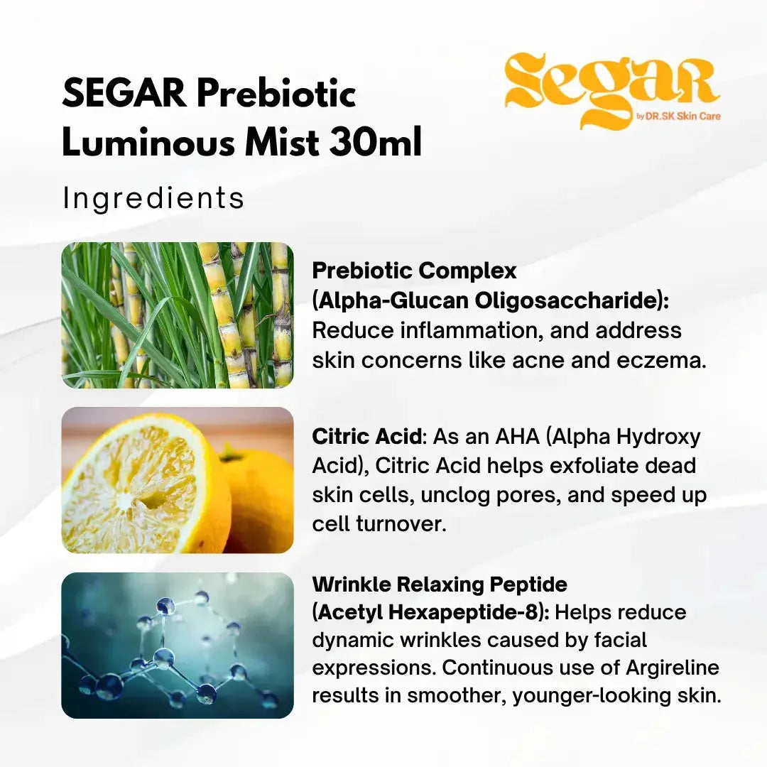 Product information card for SEGAR Prebiotic Luminous Mist 30ml with ingredients listed.