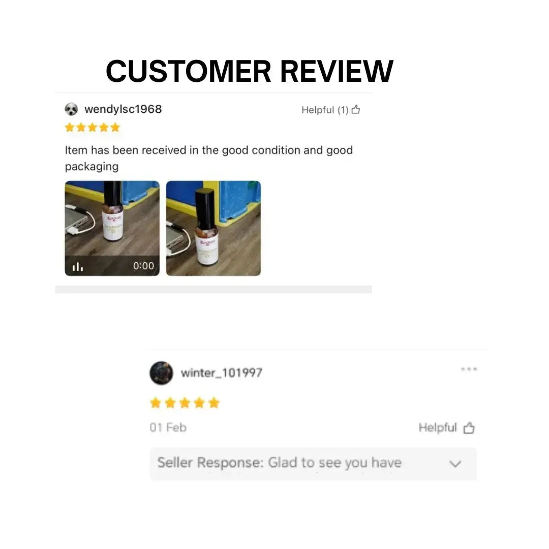 Customer review with product images and seller response on a white background