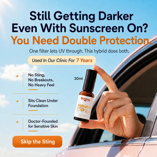 A hand holding a small amber bottle of SEGAR Hybrid SPF 50++ next to a car window with a blue sky background. Large promotional text at the top reads, 'Still Getting Darker Even With Sunscreen On? You Need Double Protection.