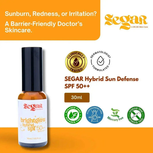 SEGAR Hybrid Sun Defense SPF 50++ 30ml sunscreen bottle with dermatologist-formulated, clinically tested, paraben-free, hydroquinone-free, mercury-free, and steroid-free icons.