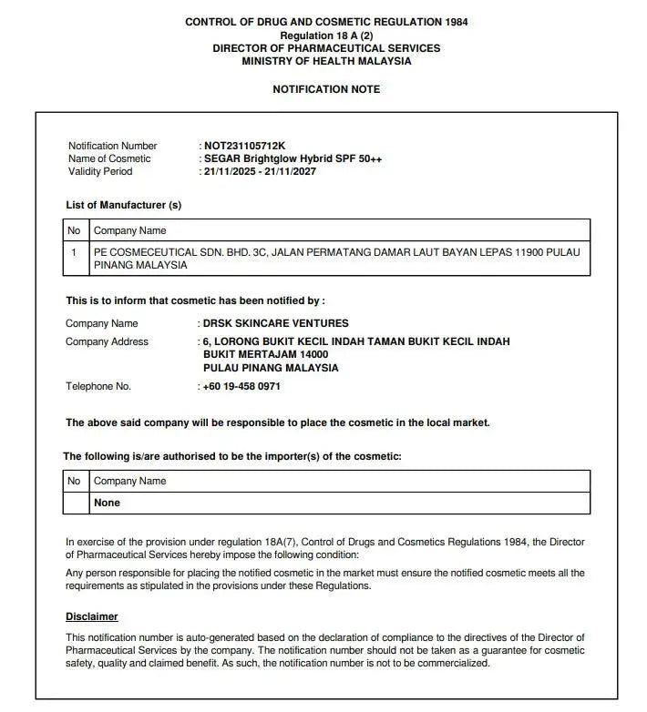 Control of Drugs and Cosmetic Regulation document from the Ministry of Health Malaysia
