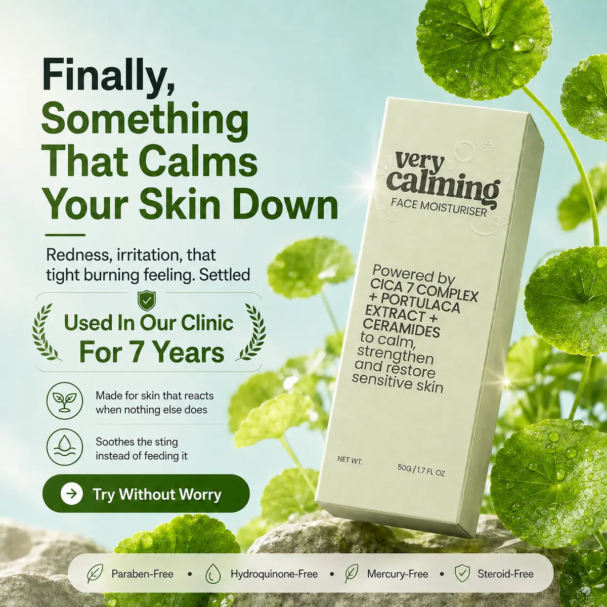 SEGAR Very Calming Face Moisturiser for sensitive and reactive skin, formulated with CICA 7 complex, portulaca extract and ceramides to calm irritation and support the skin barrier.