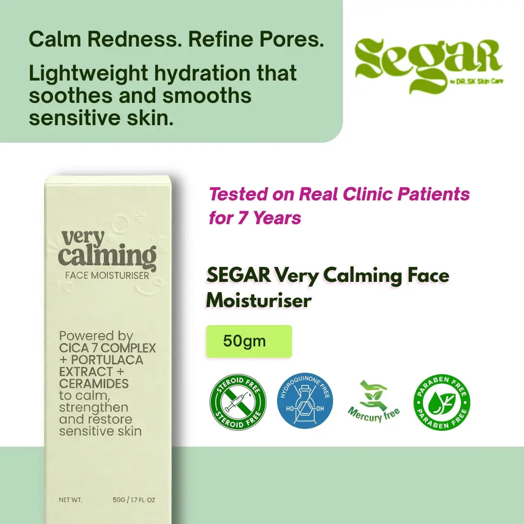 SEGAR Very Calming Face Moisturizer packaging with product details and branding on a green background