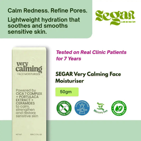 SEGAR Very Calming Face Moisturizer packaging with product details and branding on a green background.