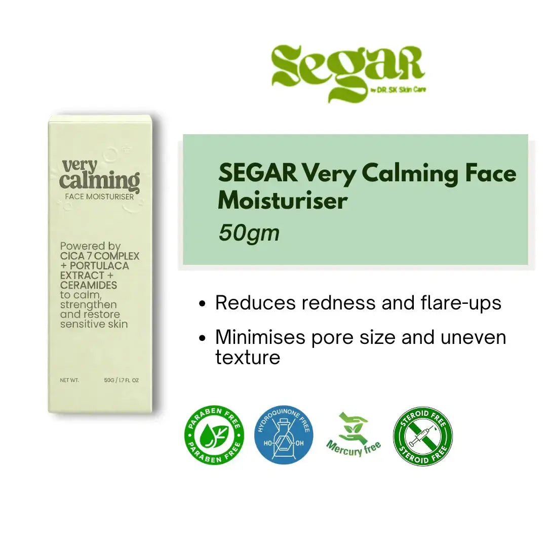 SEGAR Very Calming Face Moisturiser packaging with product details and benefits on a white background.