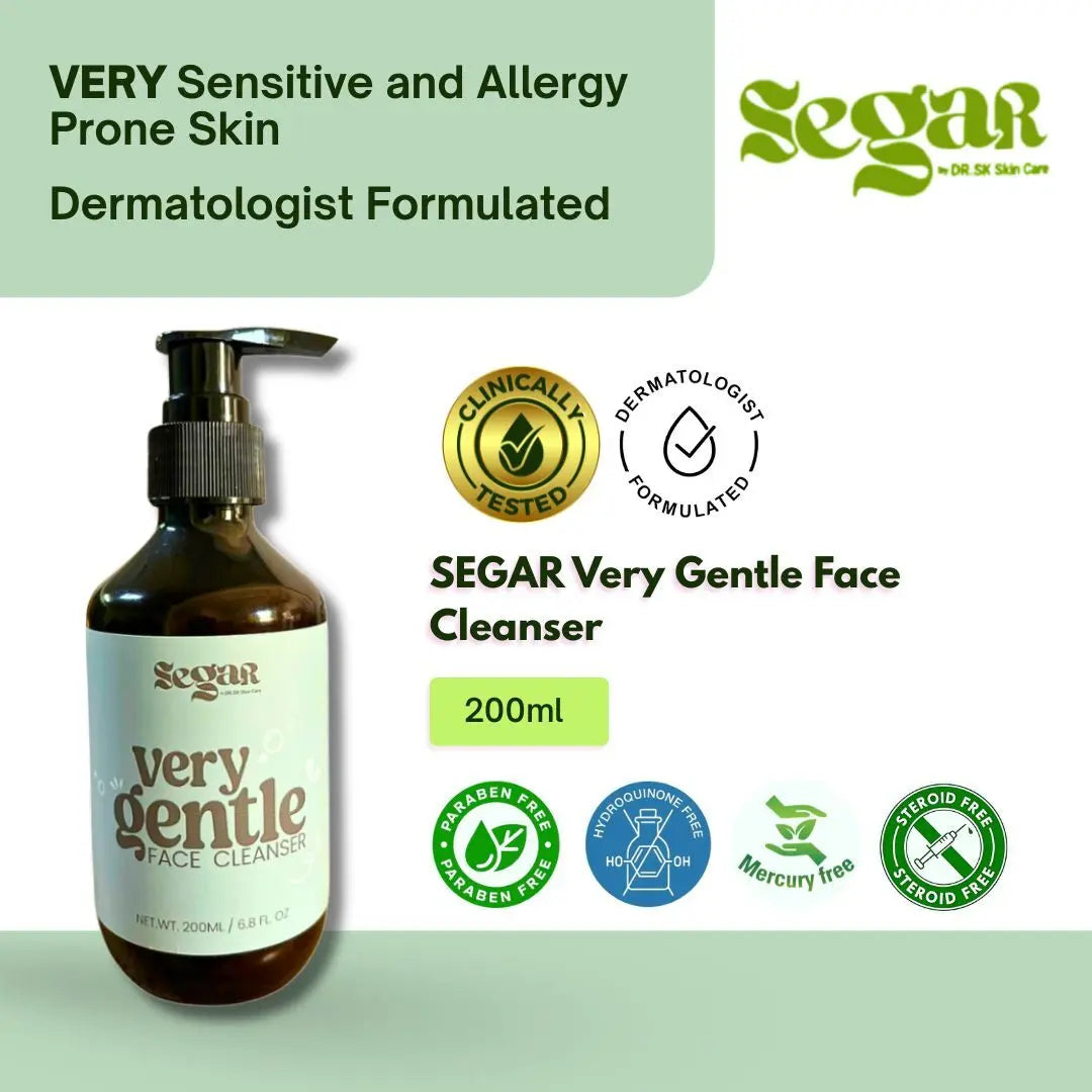 SEGAR Very Gentle Face Cleanser bottle with product details on a light green background