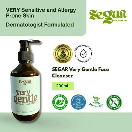 SEGAR Very Gentle Face Cleanser bottle with product details on a light green background