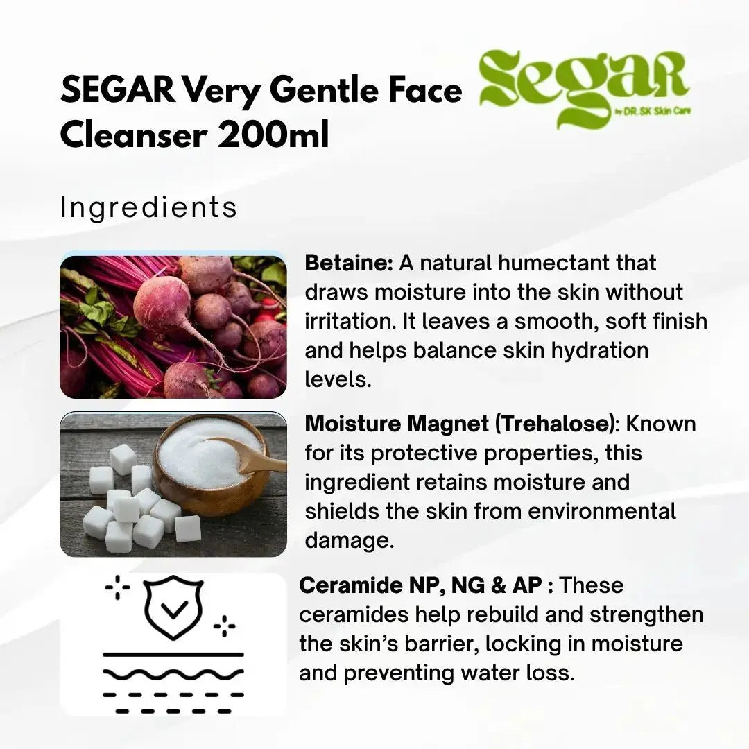 Product information card for SEGAR Very Gentle Face Cleanser 200ml with ingredients listed.