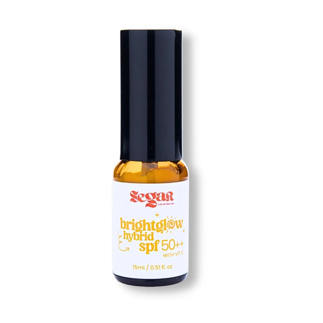 Bottle of SEGAR brightglow hybrid spf 50++ 15ml on a white background