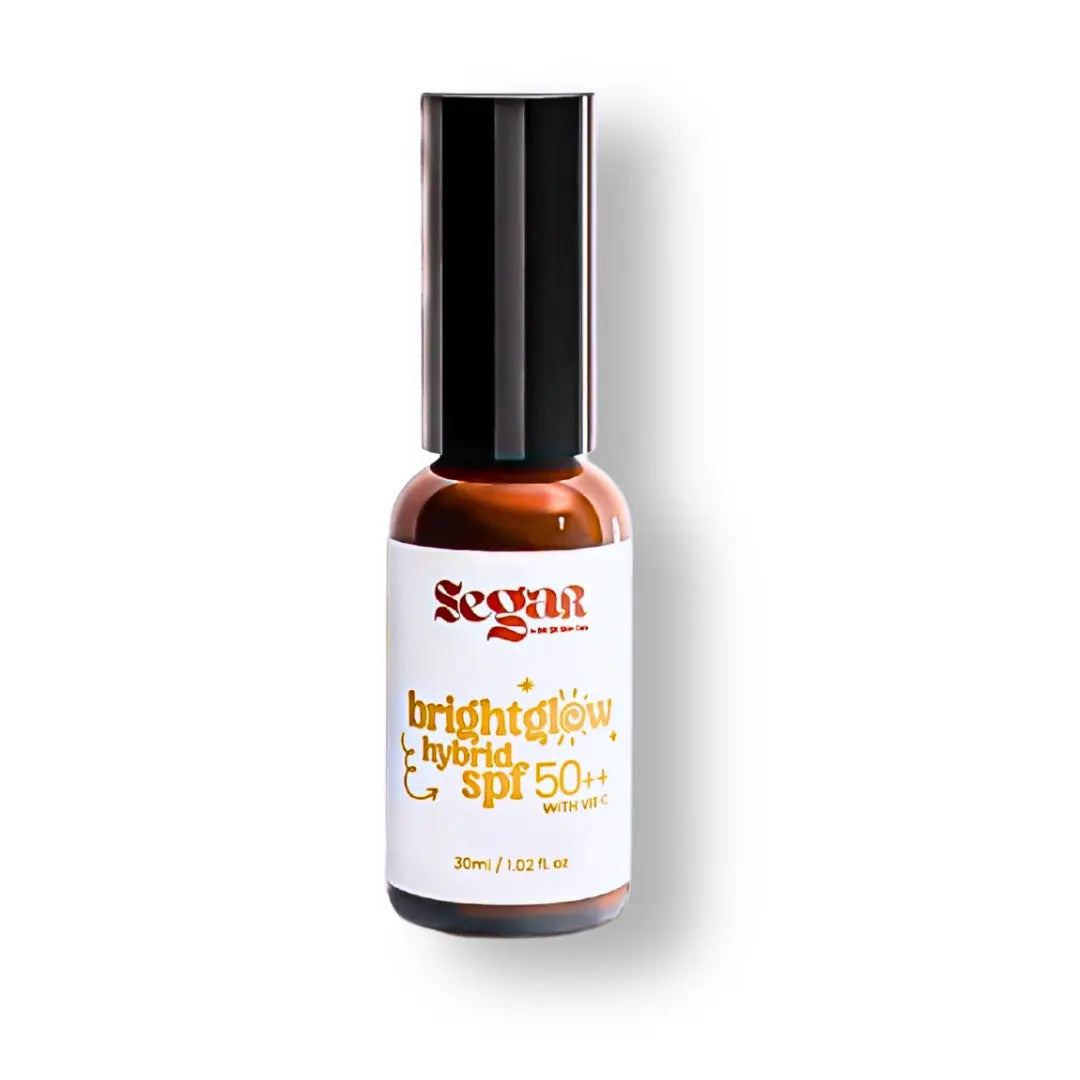 Bottle of SEGAR brightglow hybrid SPF 50++ 30ml on a white background