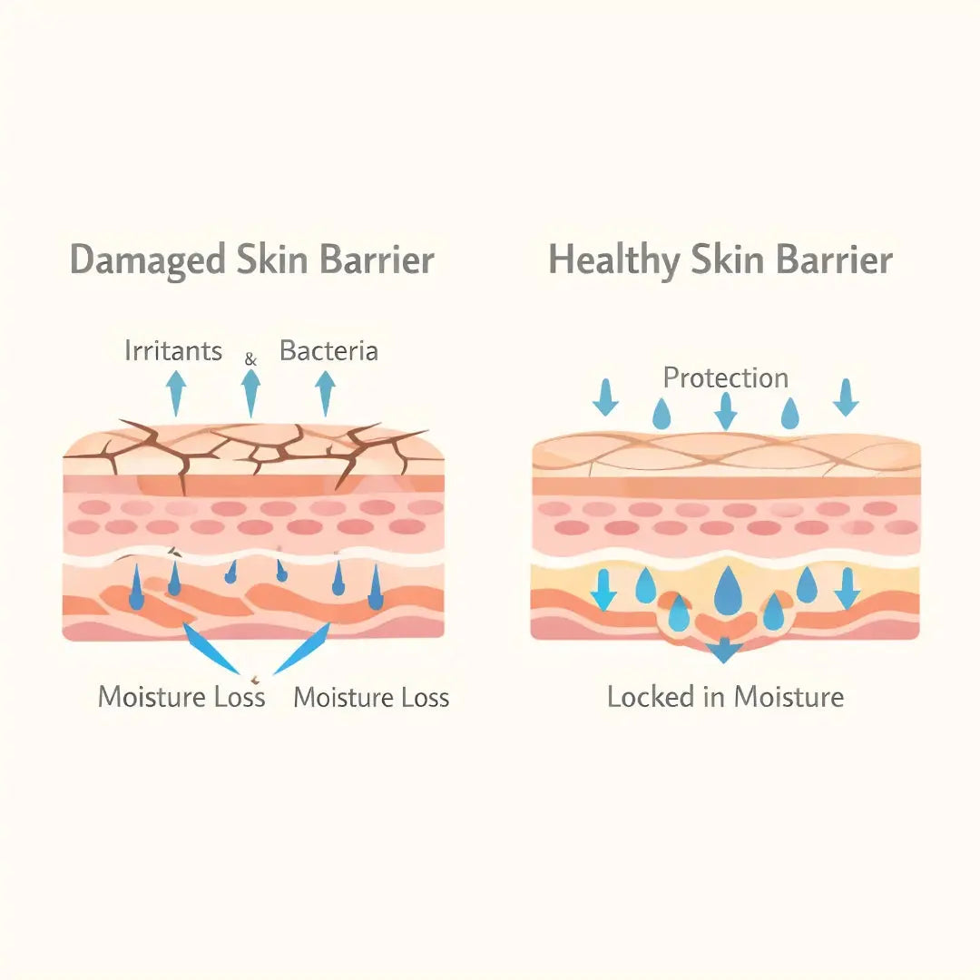 Diagram comparing a damaged skin barrier to a healthy skin barrier with text labels.