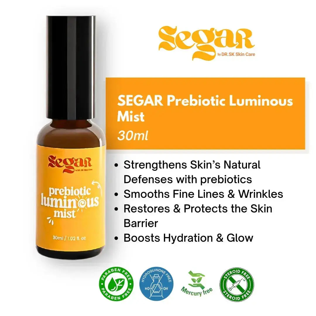 Segar Prebiotic Luminous Mist bottle with product details on a white background
