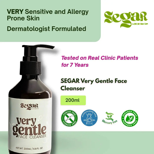 SEGAR Very Gentle Face Cleanser bottle with product details on a green background