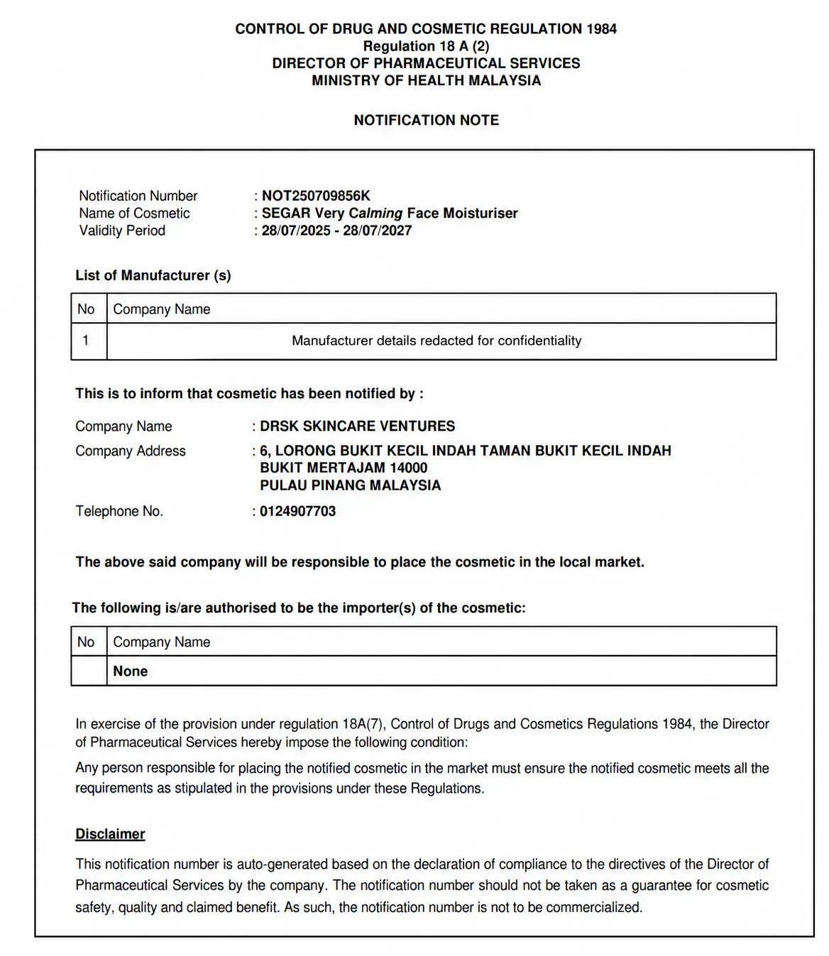 A document-style notice in Malay/English for a cosmetic product, with text blocks, a notification number, and a placeholder for manufacturer and importer names.