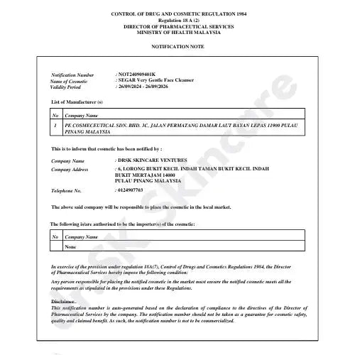 Notification note from the Ministry of Health Malaysia regarding a cosmetic product.