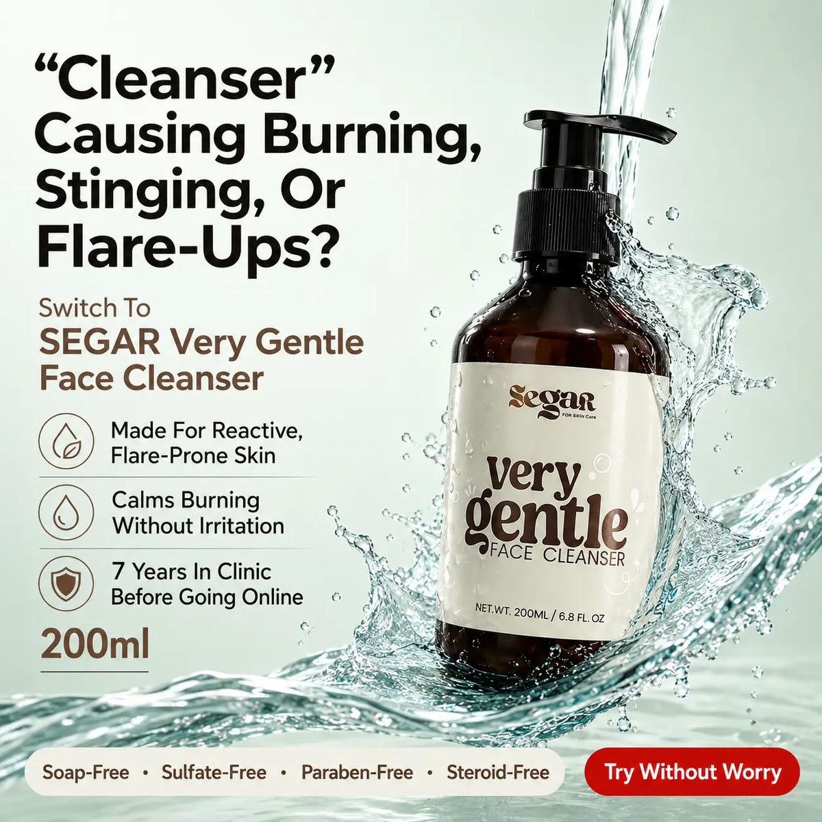 Soap-free gentle face cleanser for sensitive and reactive skin, formulated to cleanse without stripping or irritating the skin.