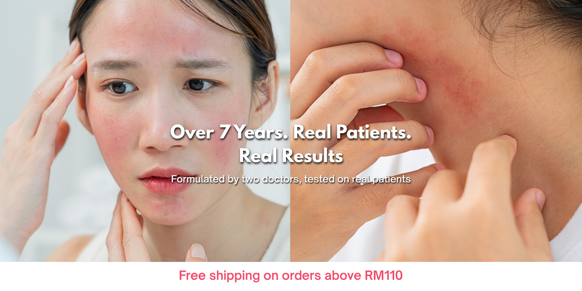 Two images of a person with skin issues, one showing redness and the other showing a close-up of a blemish, with text about real patients and results.