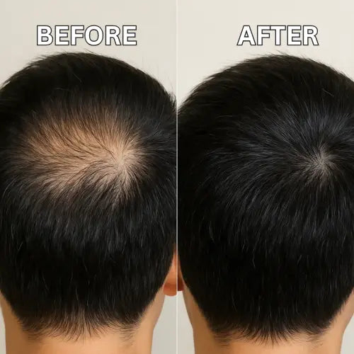 Before and after comparison of hair growth on a person's head.