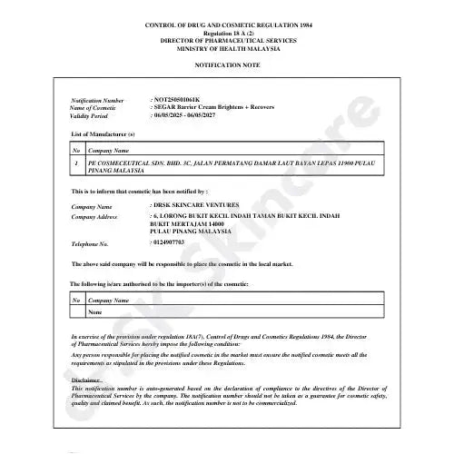 Control of Drug and Cosmetic Regulation 1984 notification document from the Ministry of Health Malaysia.