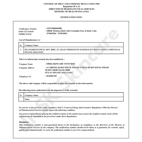 Notification note from the Ministry of Health Malaysia regarding cosmetic regulation compliance.