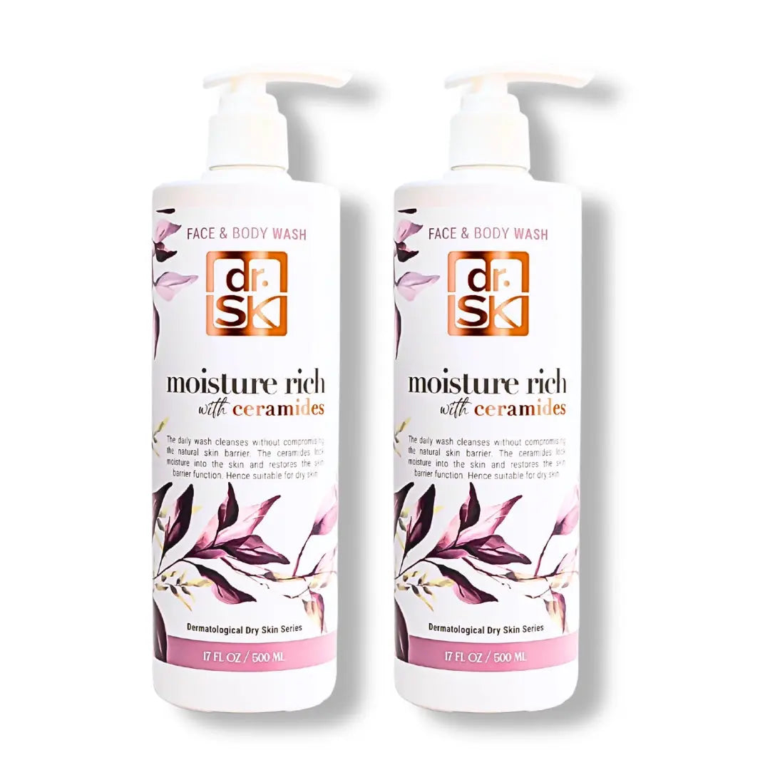 Two bottles of dr. SK moisture rich face and body wash on a white background