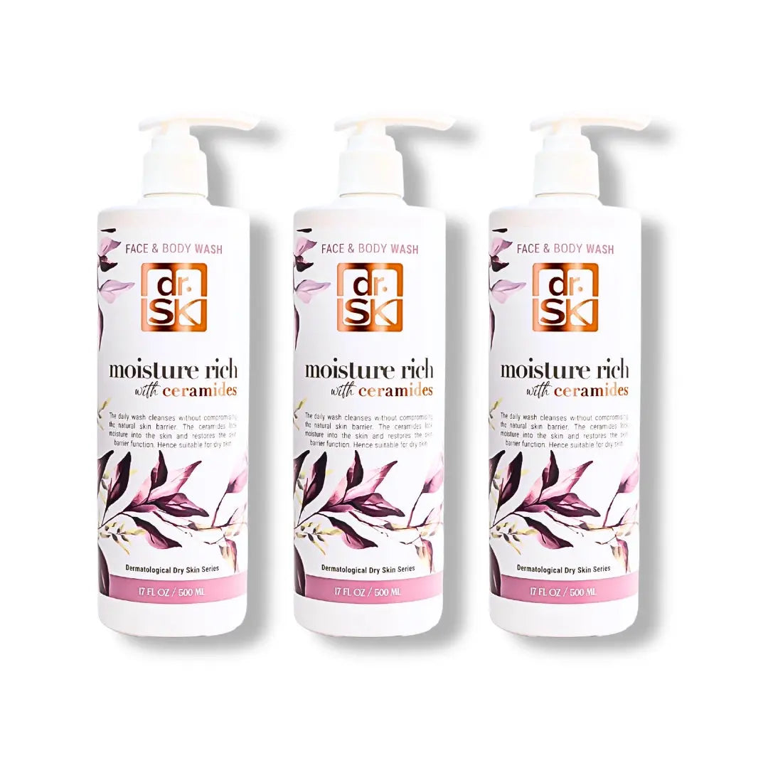 Three bottles of dr.SK moisture rich face and body wash on a white background