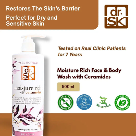dr. SK moisture rich face & body wash with pump on a brown and white background