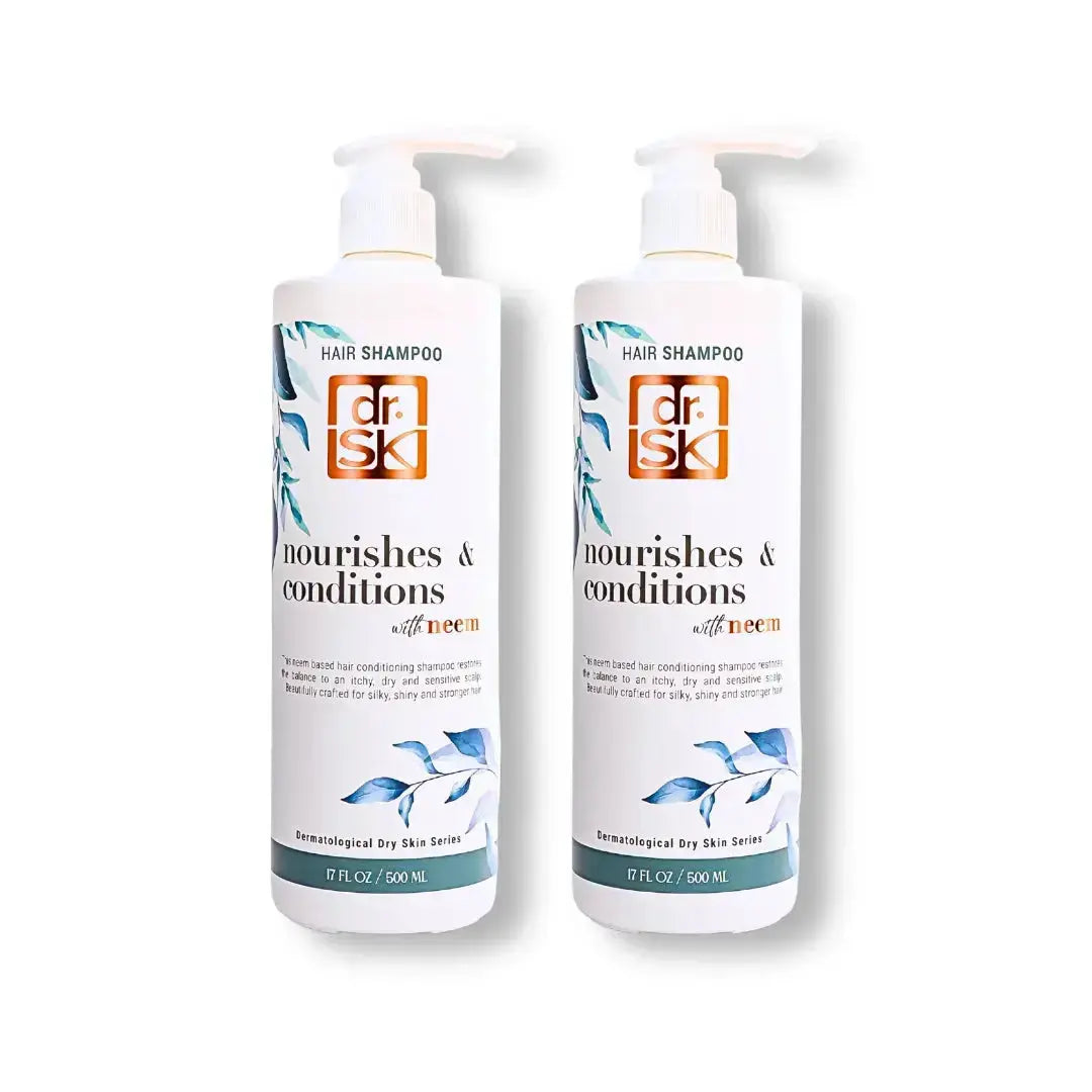Two bottles of dr. SK hair shampoo on a white background