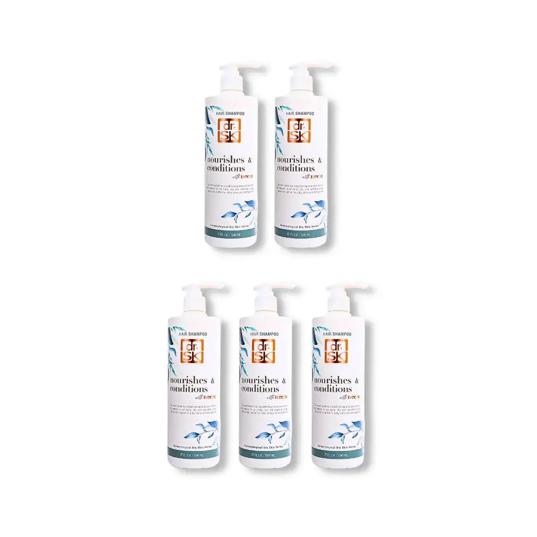 Five bottles of dr.SK Neem Hair Shampoo products on a white background