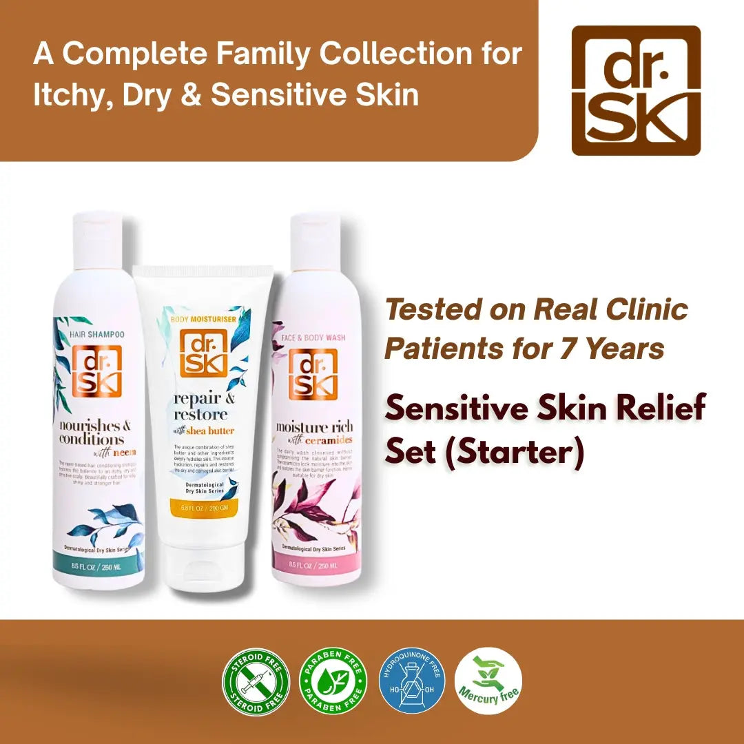 dr.SK skincare products with packaging and branding on a brown background