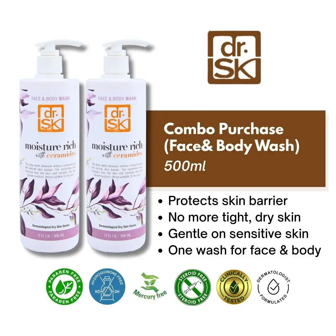 Two bottles of Dr. SKI face and body wash with product details on a white background.
