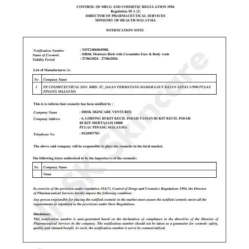 Control of Drugs and Cosmetic Regulation 1984 notification note from the Ministry of Health Malaysia.