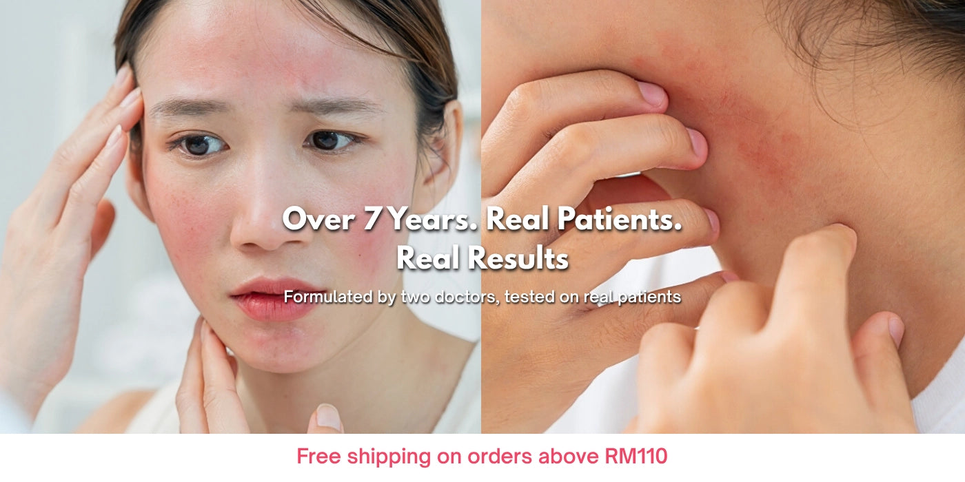 Two images of a person with skin issues, one showing redness and the other showing a close-up of a blemish, with text about real patients and results.