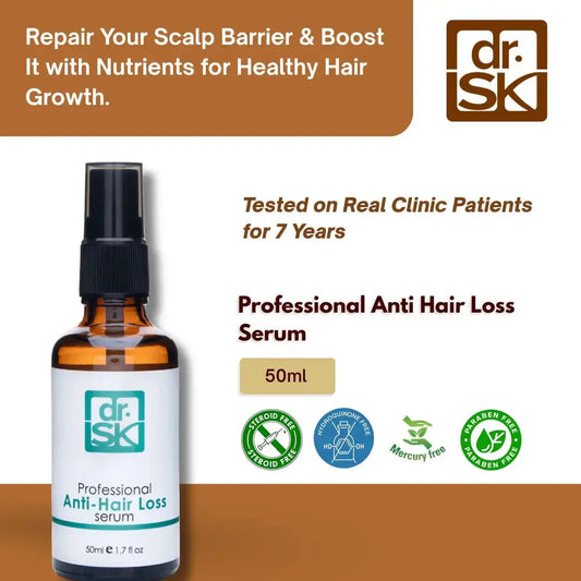 dr. SK anti-hair loss serum bottle with branding and product details on a brown and white background.