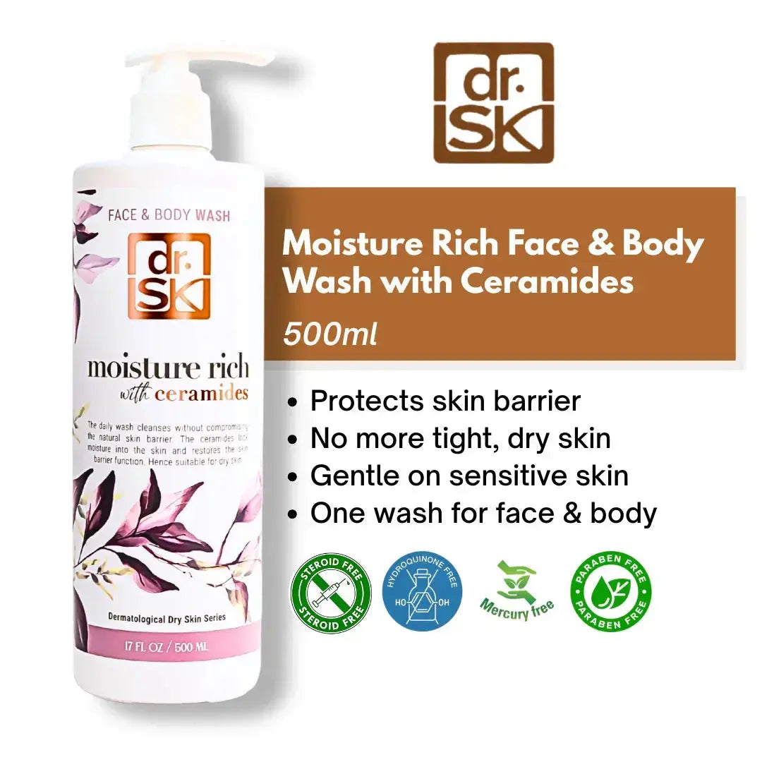 dr. SK Moisture Rich Face & Body Wash with pump bottle and packaging details on a white background