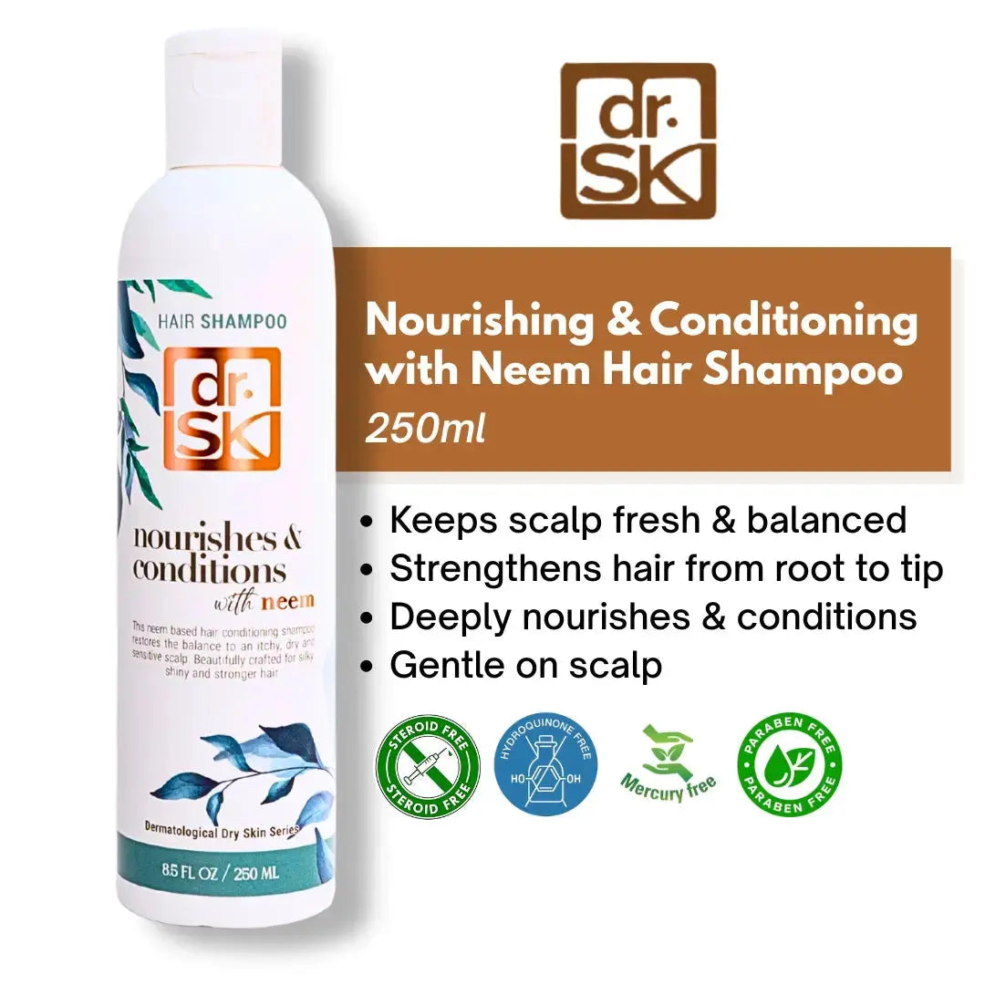 dr. SK Neem Hair Shampoo 250ml bottle with product details on a white background