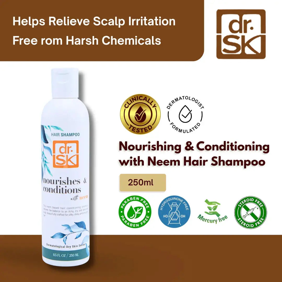 dr. SK neem hair shampoo bottle with product details and branding on a brown background