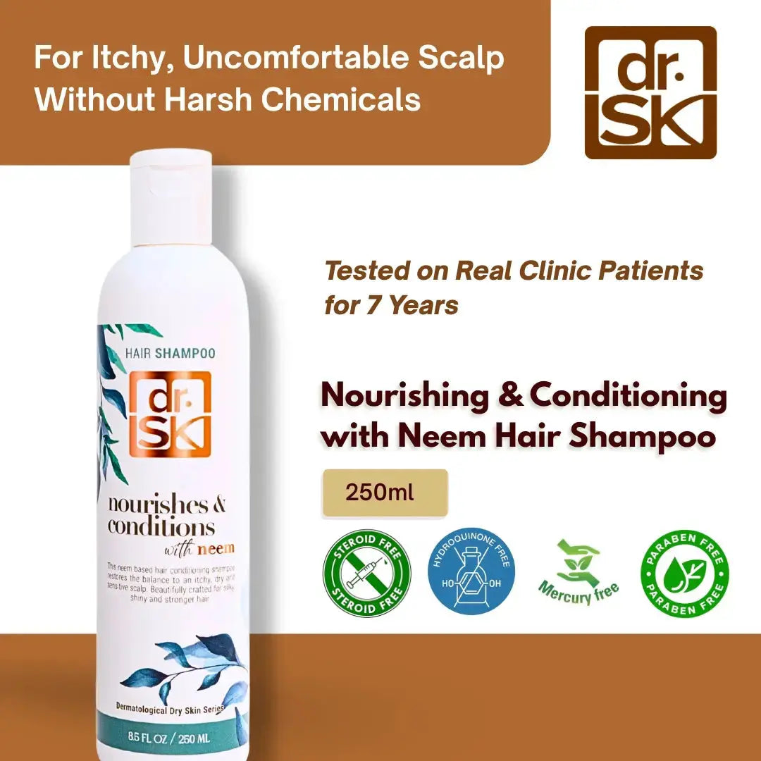 dr. SK Neem Hair Shampoo bottle with product details on a brown and white background