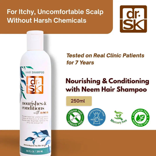 dr. SK Neem Hair Shampoo bottle with product details on a brown and white background