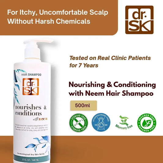 dr. SK hair shampoo bottle with branding and product details on a brown and white background