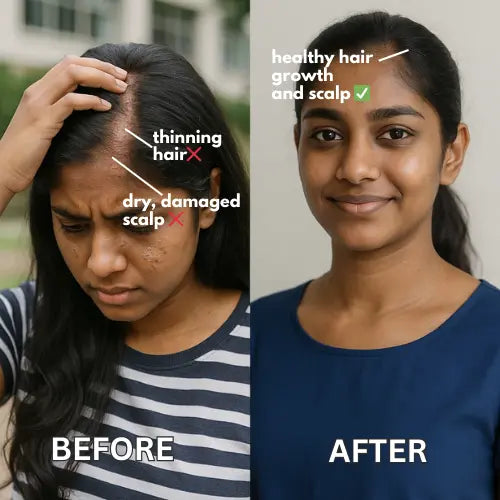Before and after comparison of a person with hair issues and healthy hair, respectively.