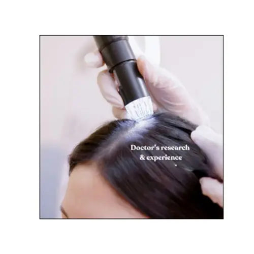 Person with gloved hands using a device on hair, with 'Doctors research & experience' text.