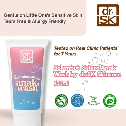 dr. SK Selembut Sutera Anak Wash skincare product packaging with branding and product details on a light pink background