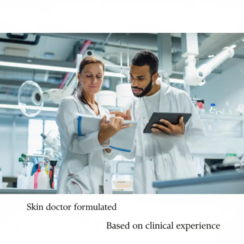 Two scientists in a lab setting, discussing with the product.