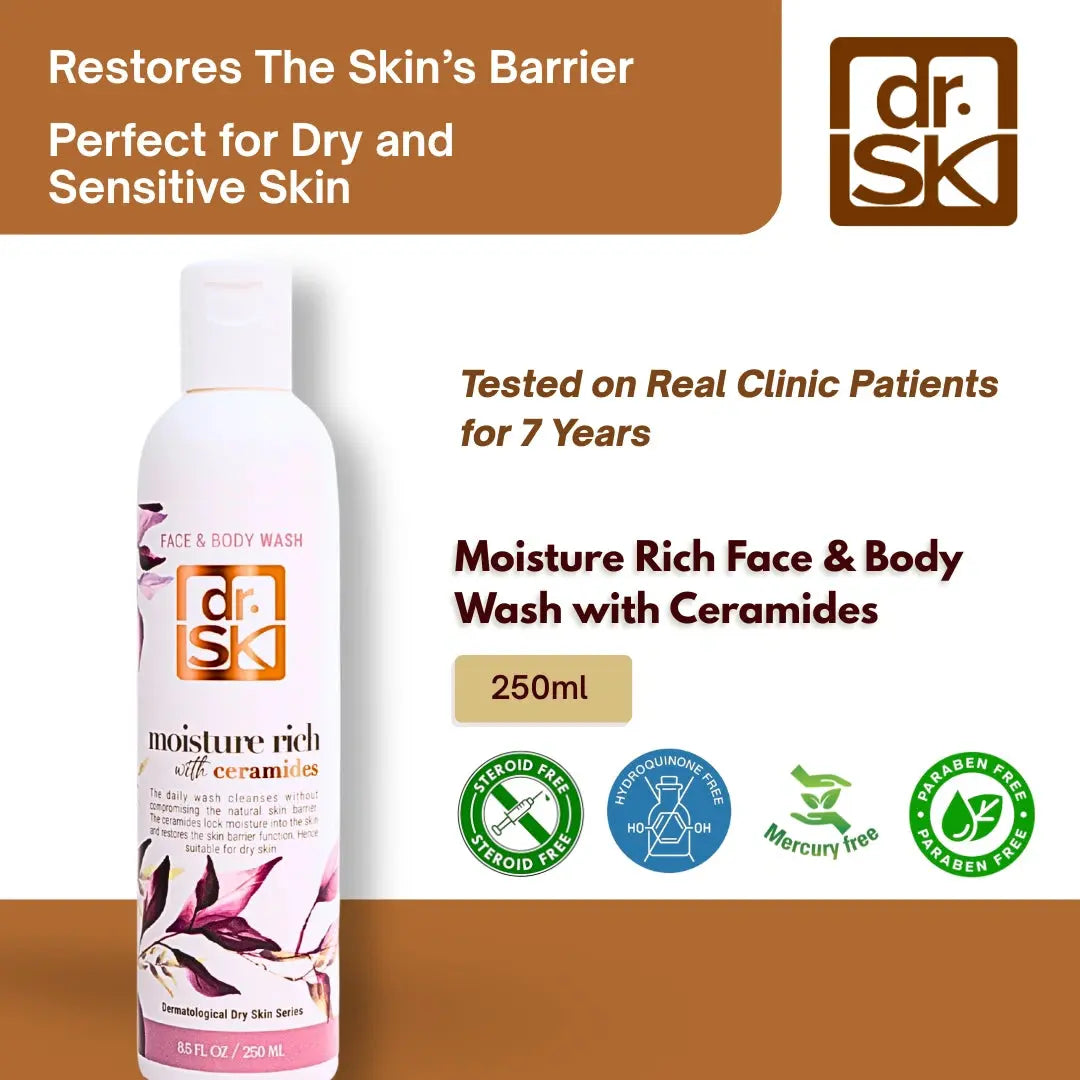 dr. SK moisture rich face & body wash with ceramides on a white background