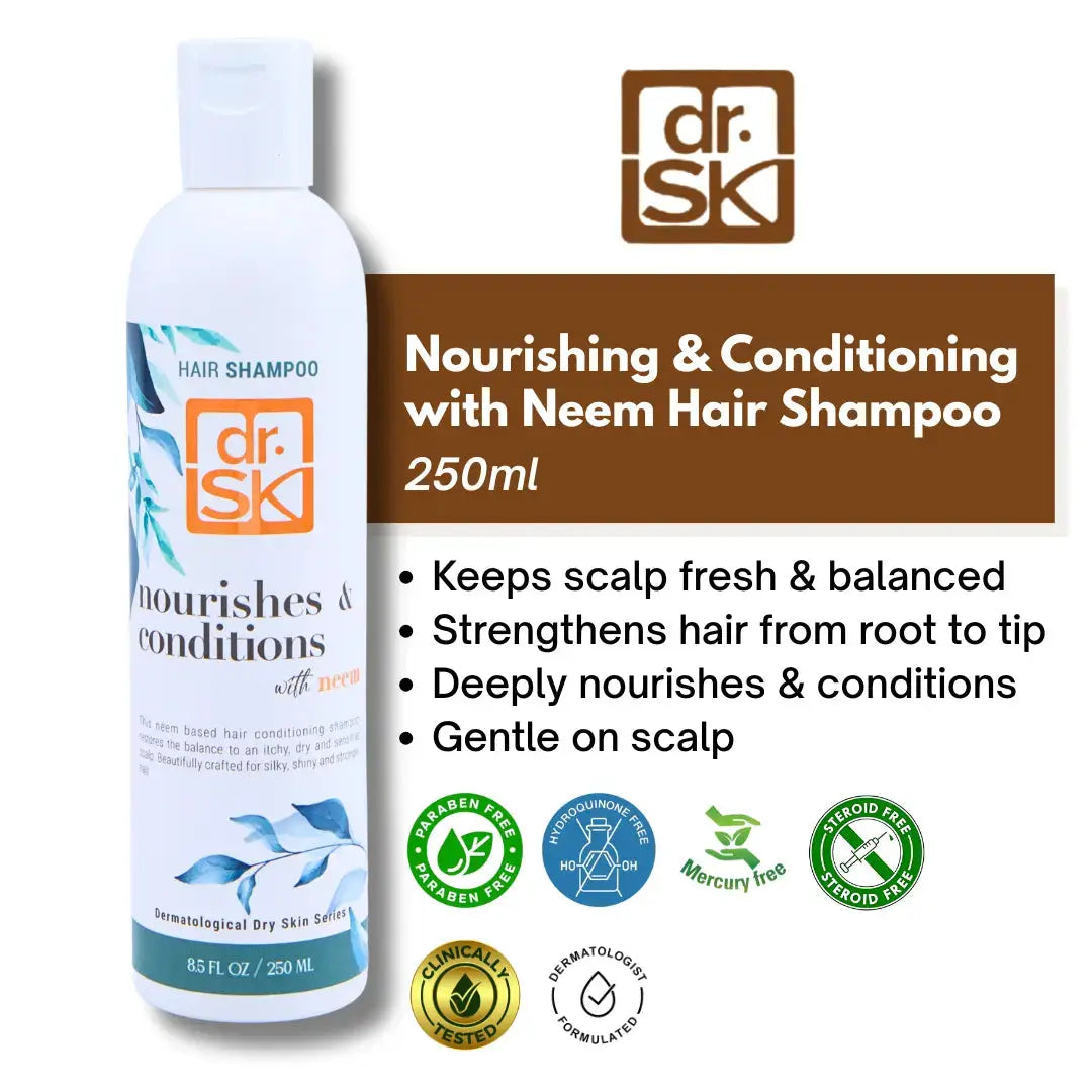 dr. SK neem hair shampoo bottle with product details on a white background