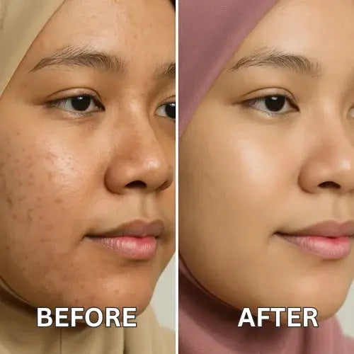 Before and after comparison of a person wearing a headscarf, with 'Before' on the left and 'After' on the right.