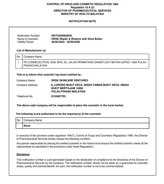 Control of Drugs and Cosmetic Regulation notification document from Malaysia