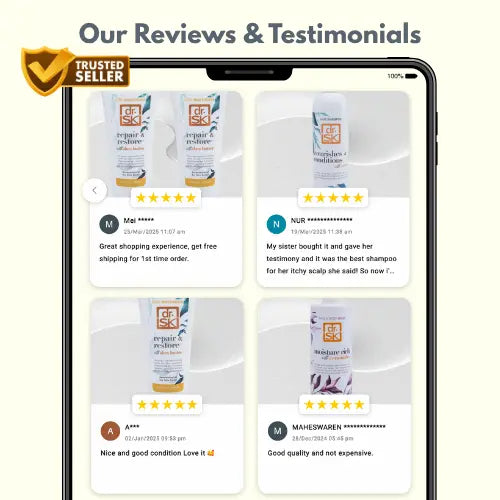 Phone screen displaying product reviews and testimonials with a 'Trusted Seller' badge.